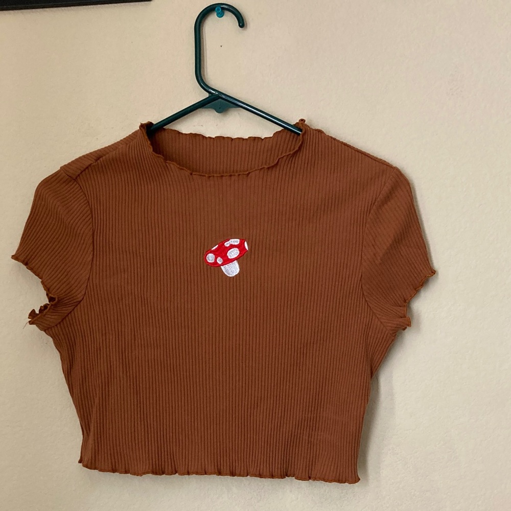 🍄Brown Ribbed Crop Top with Red Mushroom Embroidery Cottagecore Forest - New